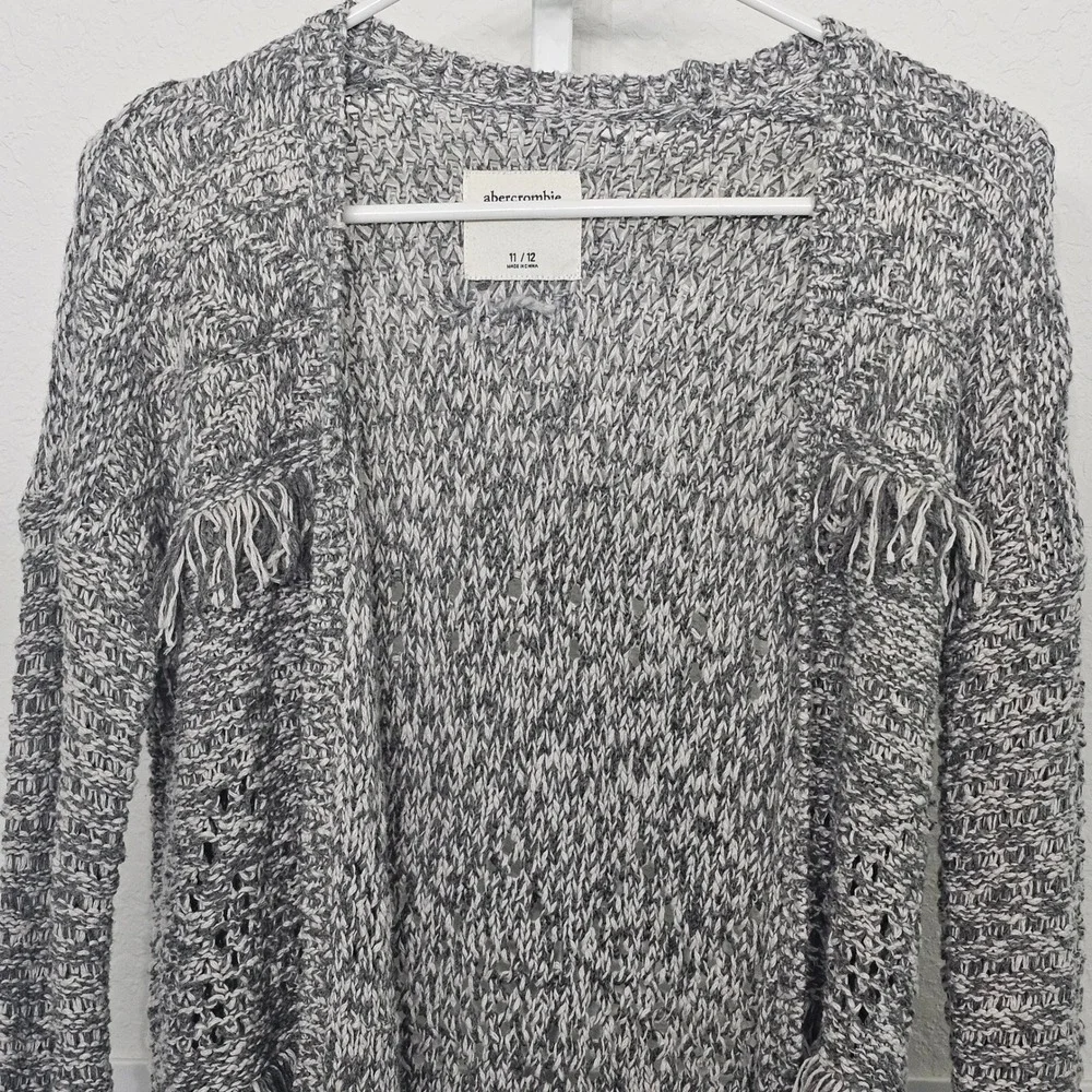 Abercrombie Kids Girls Grey Marled Fringe Pointelle Open Front Cardigan Sz 11/12